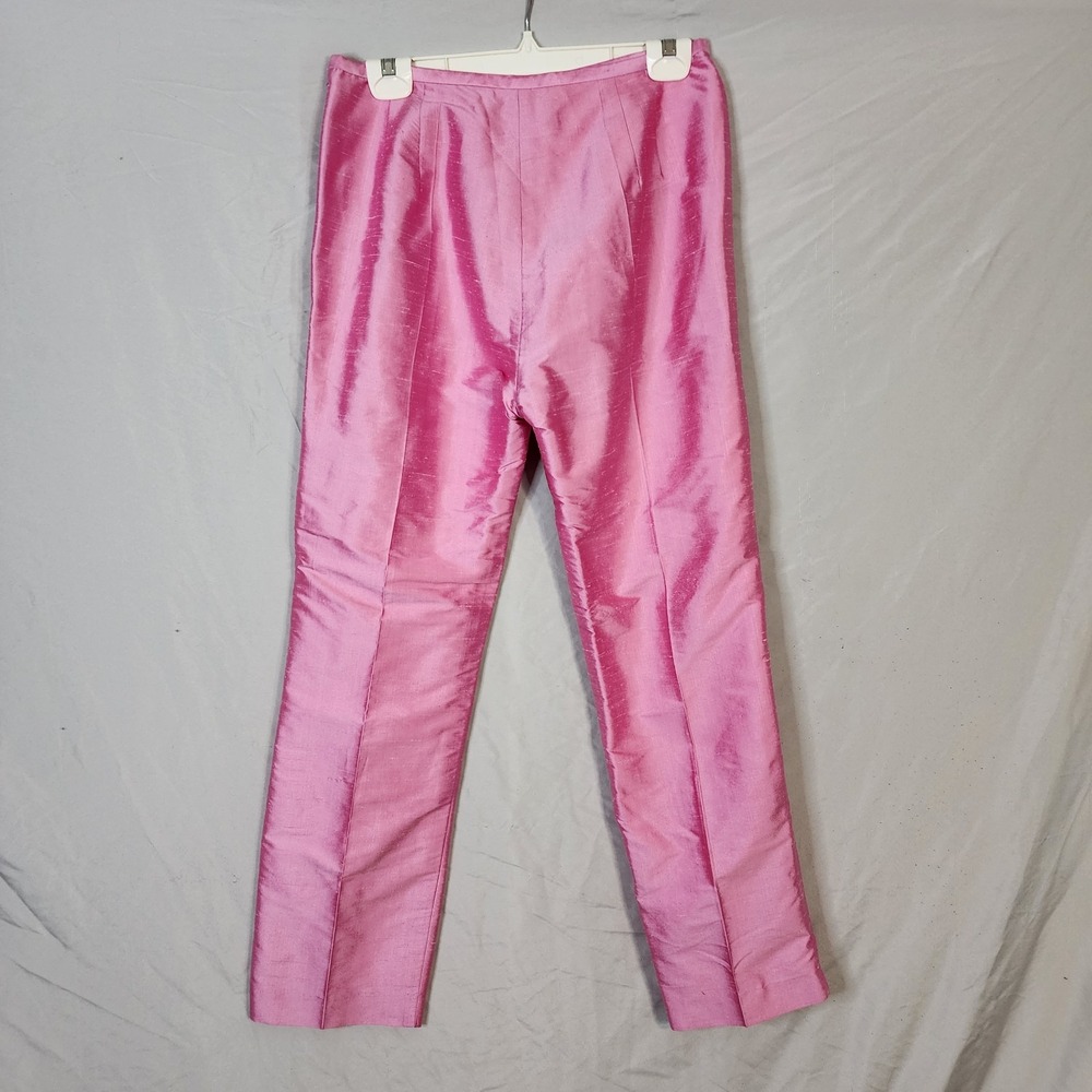 KAREN KANE Lifestyle Size 8 100% Silk Slubbed Shimmer Pink Bandless Ankle Pants - Picture 2 of 8